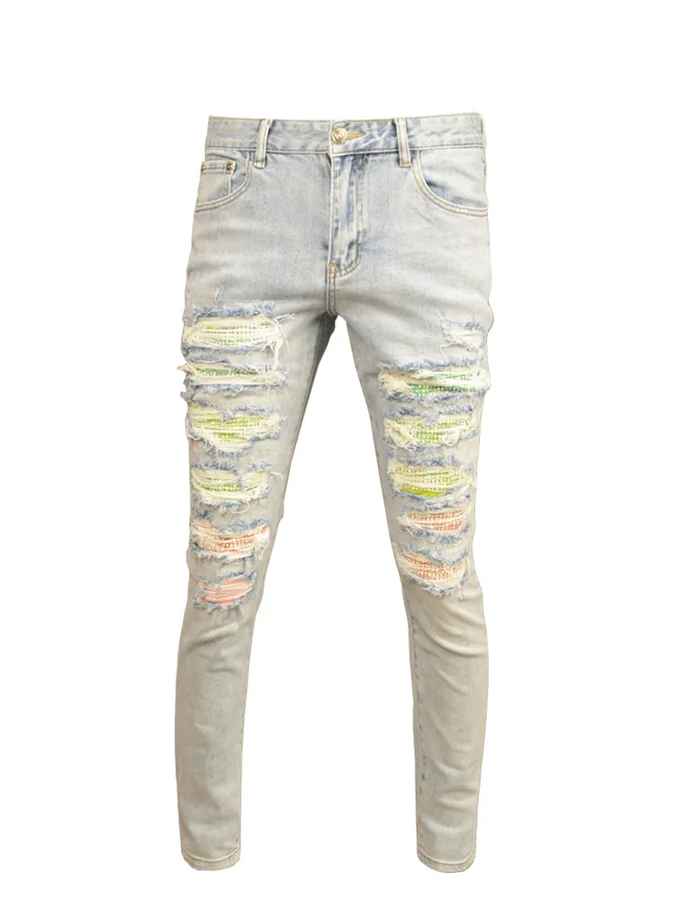 Light Color Hole Jeans Men's Motorcycle Fashion Scrape Design Stretch Slim Fit Skinny Patch Washed Distressed Men's Pants 5