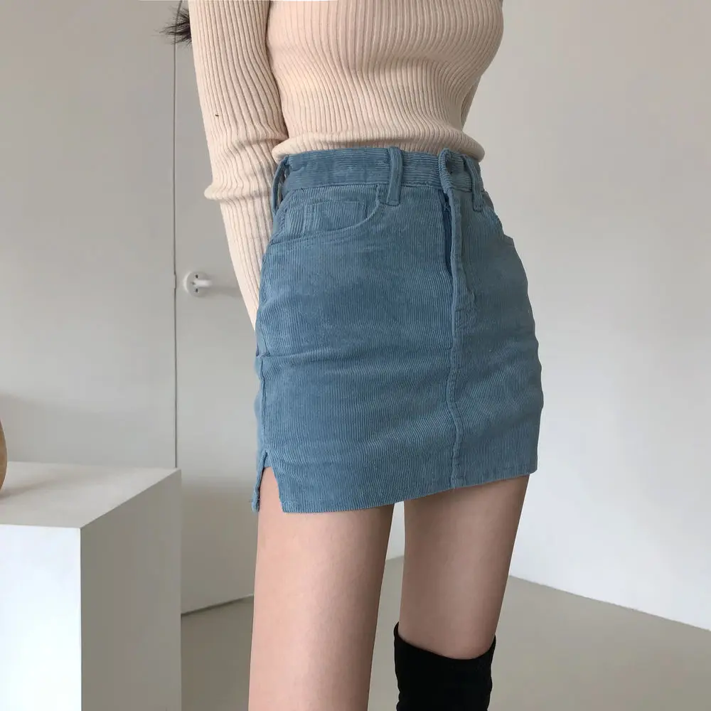 tutu skirt Faldas Mujer Moda 2022 Vintage Korean Fashion Clothing High Waist Corduroy A-line Blue Skirts Woman Skirts Skinny Mini Skirt red skirt