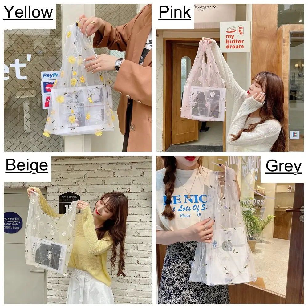 Fashion Flower Eco Mesh Handbags Shopping Tote Embroidery HandBag Transparent