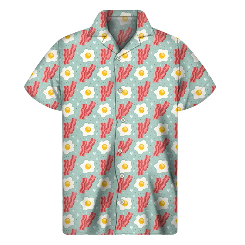 

Creative Egg Bacon 3D Print Hawaiian Shirts Men Women Personality Summer Lapel Shirt Loose Short Sleeves Tops Button Blouse
