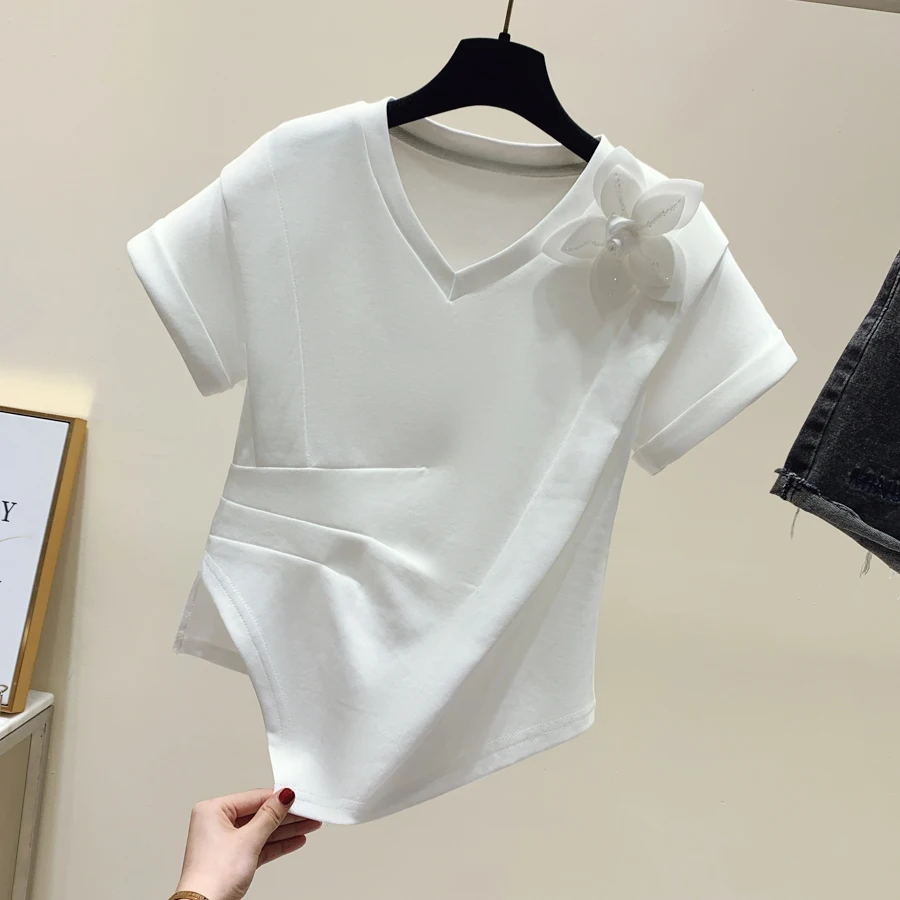 

Y2K Сексуальная женская летняя облегающая футболка, Женская Однотонная футболка с коротким рукавом, Корейская Цветочная облегающая футболка с V-образным вырезом, женская одежда, топ, ткань