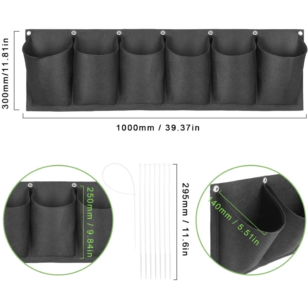 Fioriera Sospesa In Feltro Con 6 Tasche - Giardino Verticale Da Parete Per Esterno E Interno - 30x107 Cm - 2