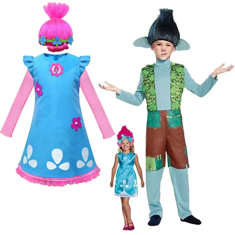 Baby Girl Dress T-Trolls Poppy Role Playing Costume Girl Summer Dress Halloween Children'S Fancy Birthday Party Dress Parrucca Set