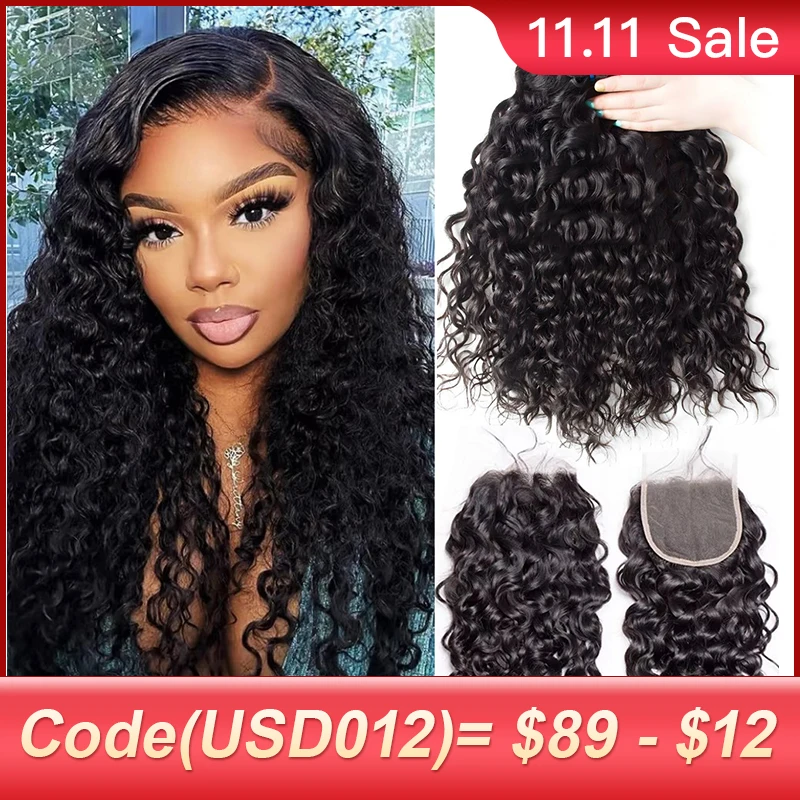 Water Wave Bundles With Lace Closure 12A 3/4Pcs Human Remy Hair Bundle 4x4 Transparent Lace Closure Bundles Natural Color 1B human hair bundles