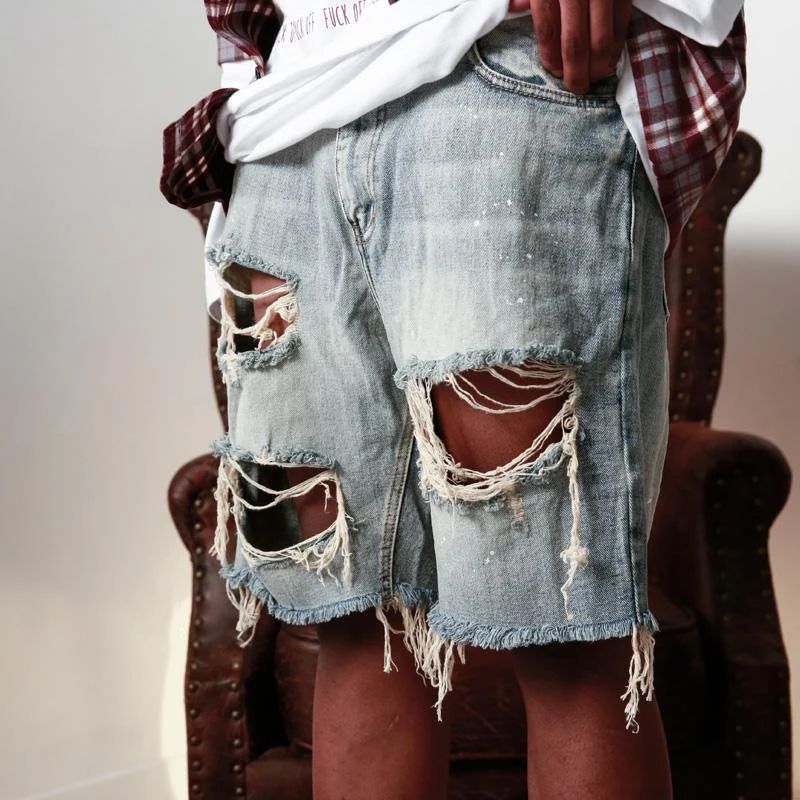 Spring Summer Fashion Denim Shorts Men Vintage Hollow Out Ripped Design Straight Jean Short Pant for Men Streetwear Trend