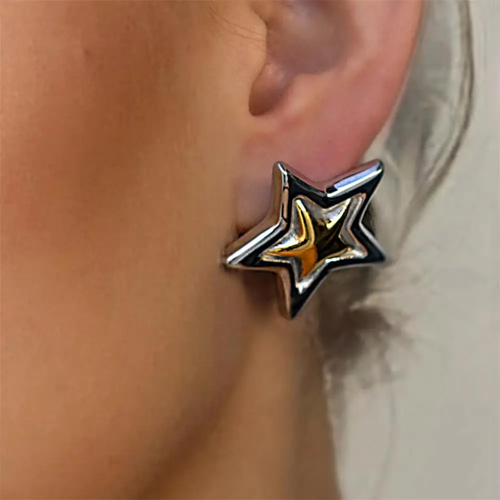 Cute Simple Gold&silver Mix Color Star Stud Earrings for Women Hypoallergenic Delicate Waterproof Geometric Stud Jewelry Gifts