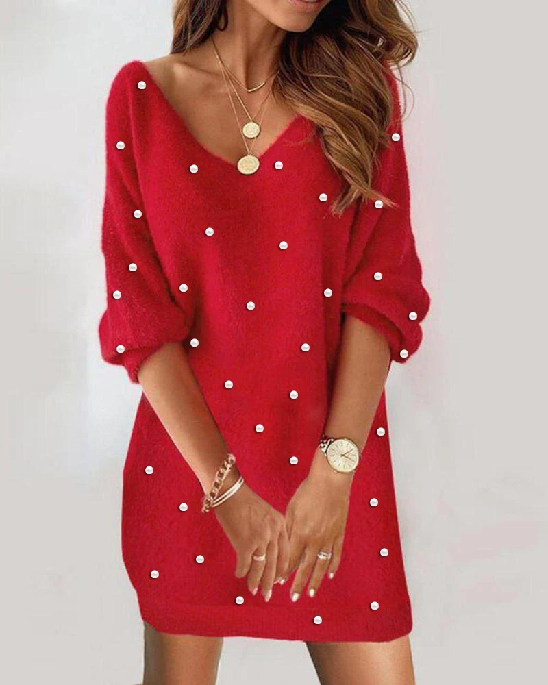 

Autumn Winter Women Pearls Decor V-Neck Half Sleeve Fuzzy Dress Female Party Wear Slim Fit Long Sleeve Bodycon Dress Vestidos