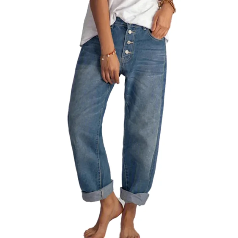 

Large Size Casual Mon Jeans Women Vintage Blue Loose Straight Pants Oversize Denim Trousers