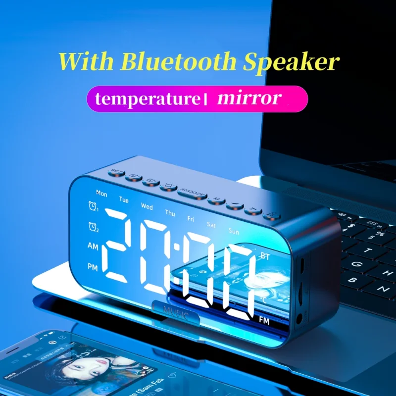 Alarm Clock With Bluetooth Speaker Mirror Screen Led Digital Clock