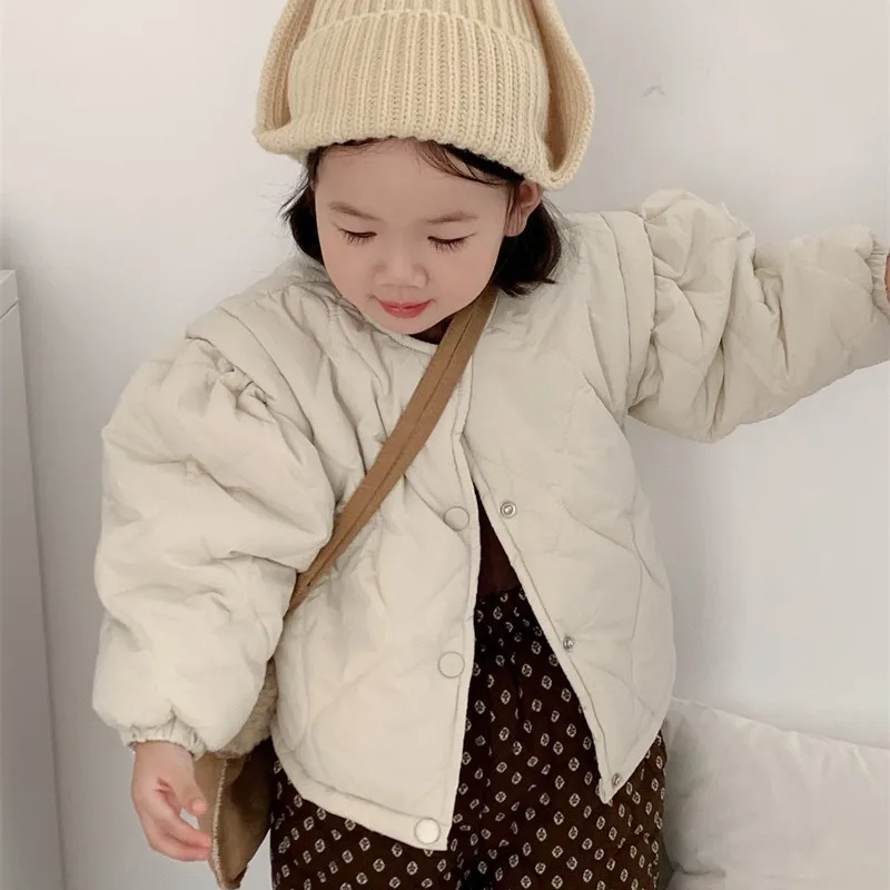 Girls Coat Winter New Childrens Wear Korean Baby Girl Foreign Cute Solid Color Plus Fleece Cotton Jacket Casual Simple