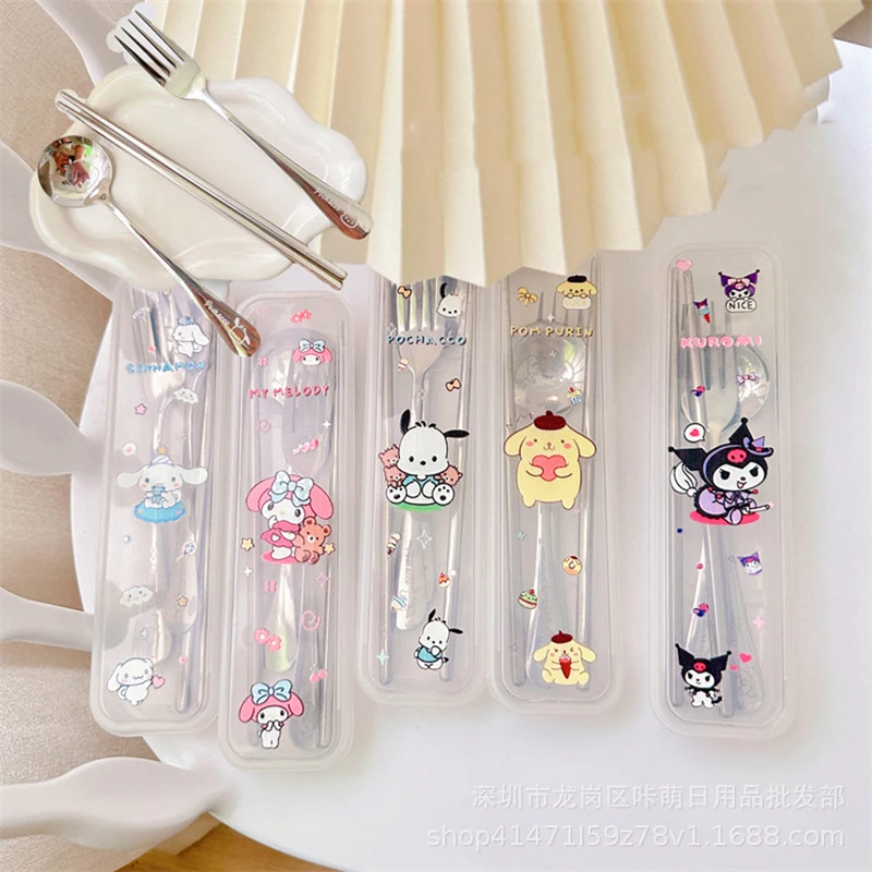 

Sanrio Kawaii Anime Cinnamoroll Stainless Steel Portable Cutlery Set Cute Kuromi Cartoon Fork Scoop Chopsticks Kids Gifts