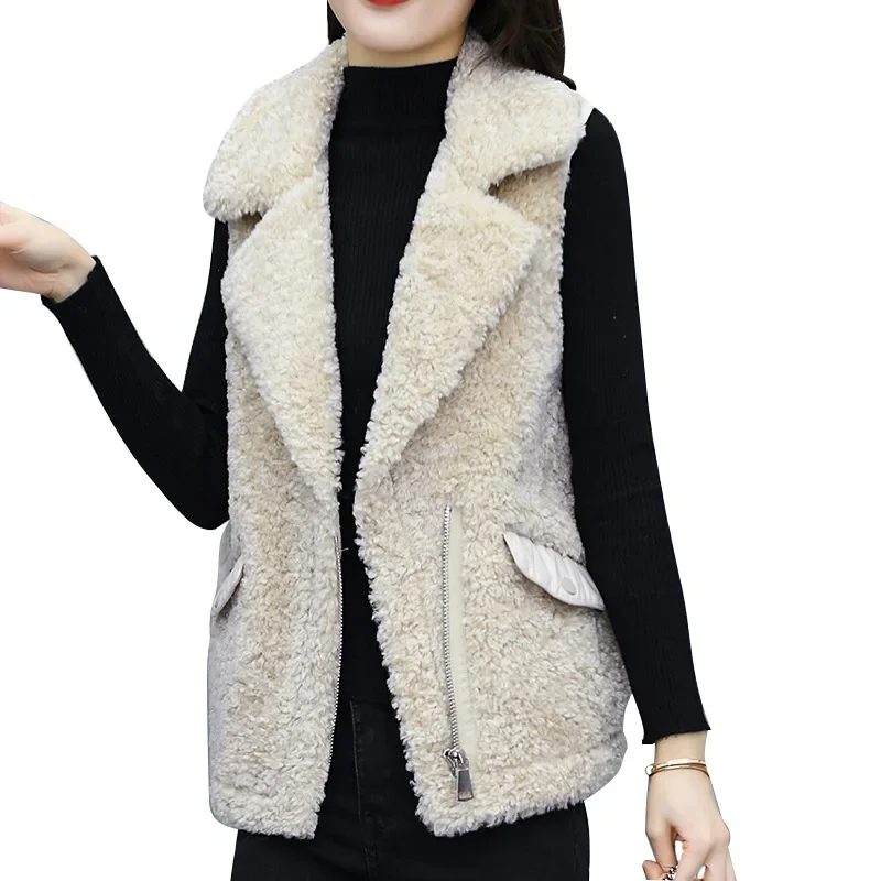 Women 2023 Winter Lamb Wool Vest Jackets Thicken Warm Waistcoat Fall Fashion Turn Down Collar Zipper Outwear Sleeveless Jacket