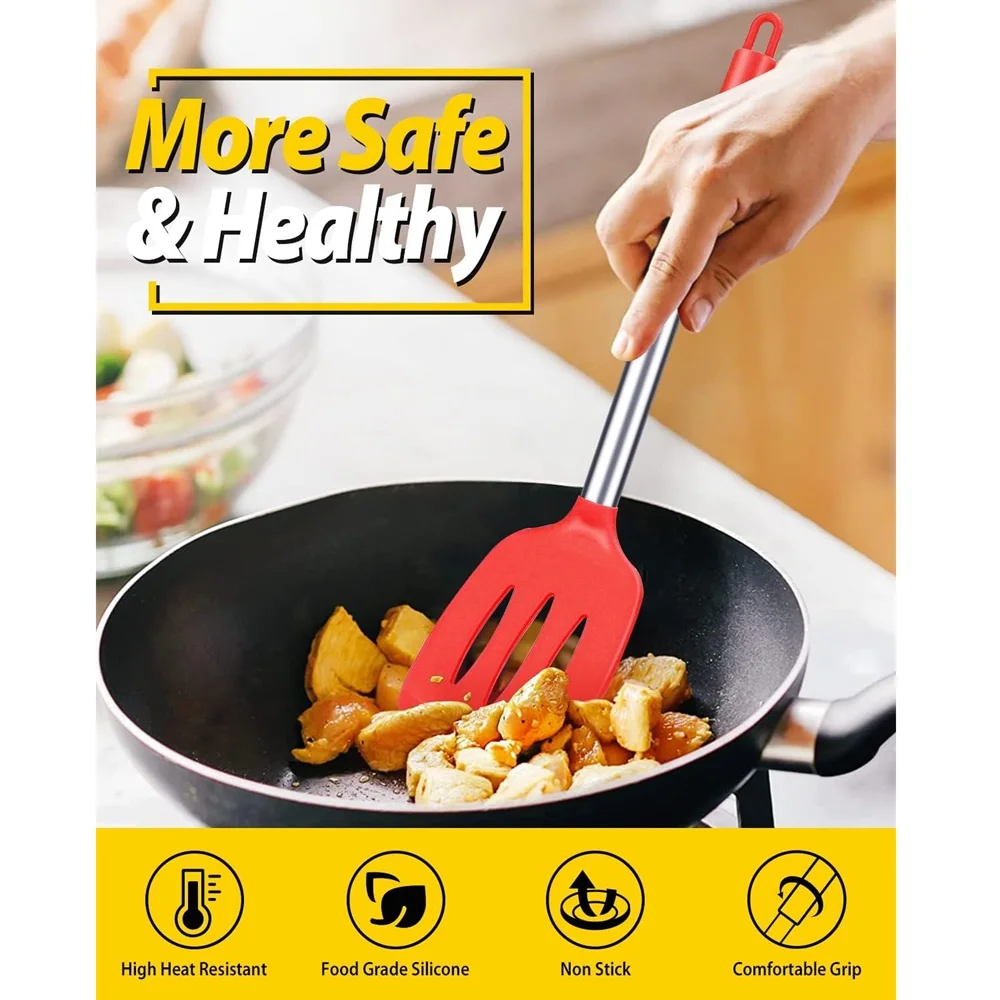 2 Pieces Silicone Spatula Kitchen Cooking Utensils Stainless Steel Tight Spatula Leaky Non-stick Cookware Kitchen Tools