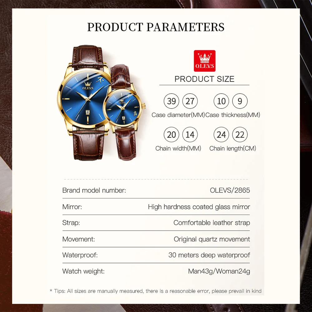 OLEVS Quartz Watch for Couple Fashion Leather Strap Couple Watches Chinese Display Simple Dial Waterproof Luminous Wrist Watches