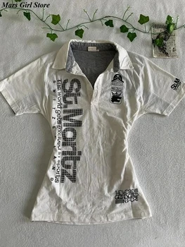 Y2K Japanese Streetwear Polo Shirt Women Slim Crop Tee 2025 White Short Sleeve Tops Letter Badge Houndstooth Vintage Harajuku 1