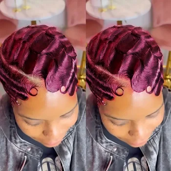 Short Black 99j Bob Pixie Cut 13x4 Lace Front Human Hair Wig Finger Wave Texture Natural Look Short Hair Wigs