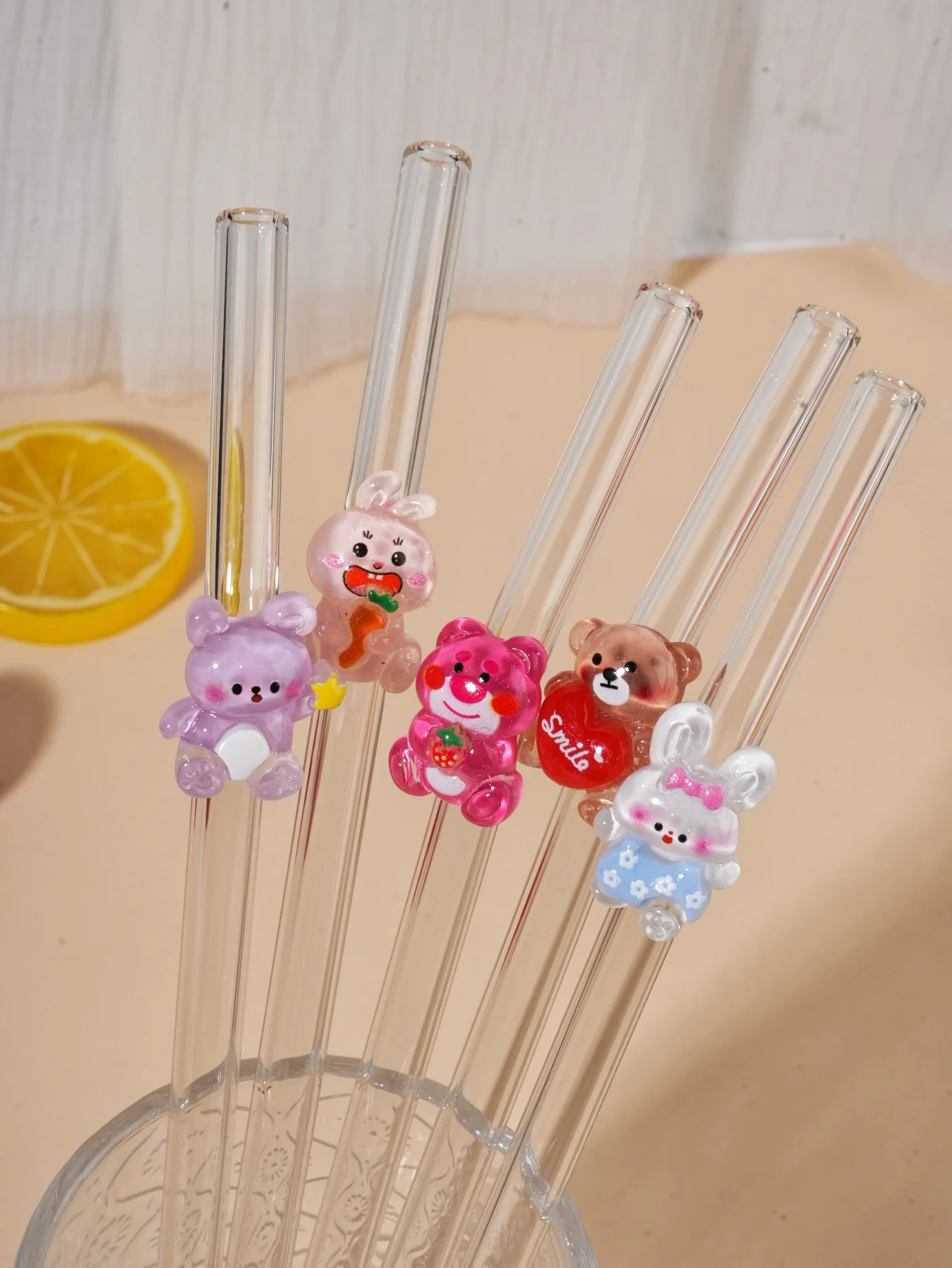 Curved Glass Straw Set with Cute Animal Design - Reusable and Perfect