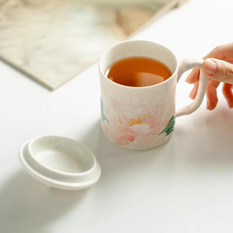Chinese Style Ceramic Cute Mug Home Personal Office Creative With lid Light Pink Peony Pattern Milk Water Coffee Cup, 190ml, 1Pc