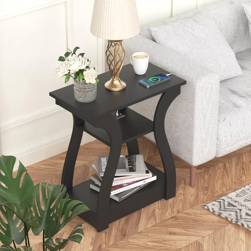 End Table with Charging Station, Side Table with USB Ports and Outlets, Nightstand, 3 Tier End Table with Storage 4