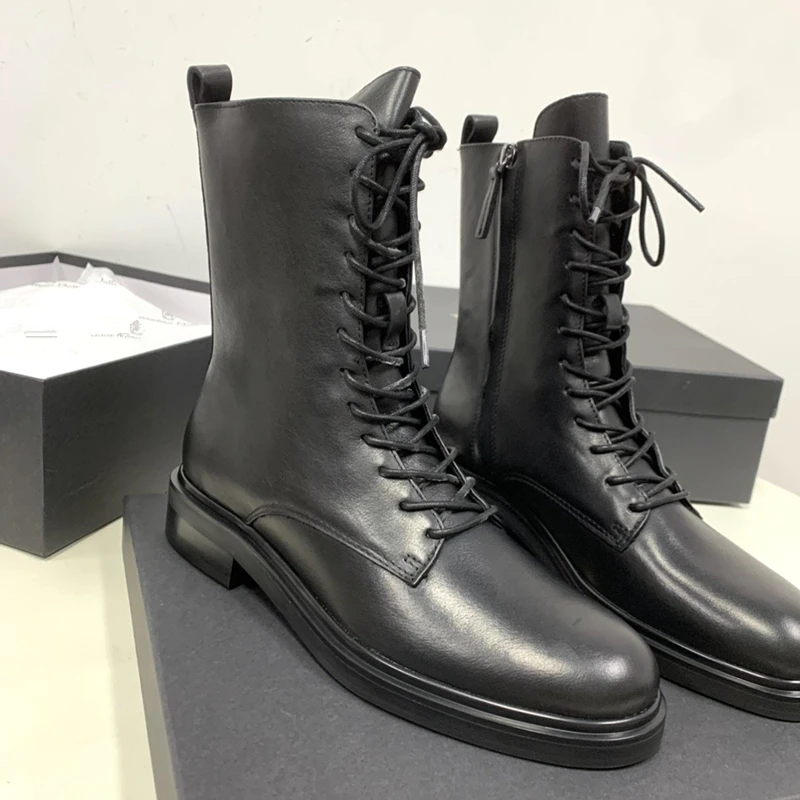 Dave&Di British Fashion Women's Shoes Retro Strap Motorcycle  Cowhide Thick Boots Sole Elevated Boots Women