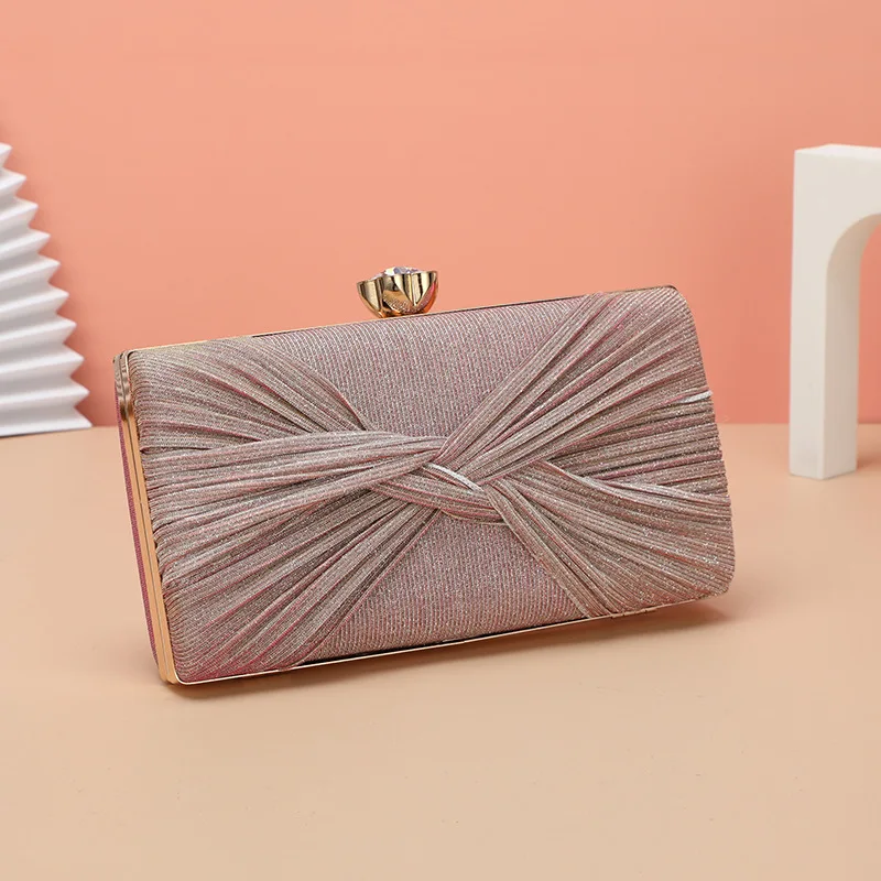 Shining Pleated Sequin Evening Clutch Bag Dinner Clutch Purse Knit Bowknot Bridal Clutch Wedding Lady Chain Shoulder Bag