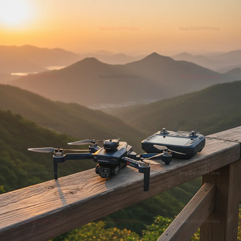 Drone Selfie de Poche Pliable 4K Ultra HD en vol au-dessus d'un paysage urbain, filmant une vue aérienne.