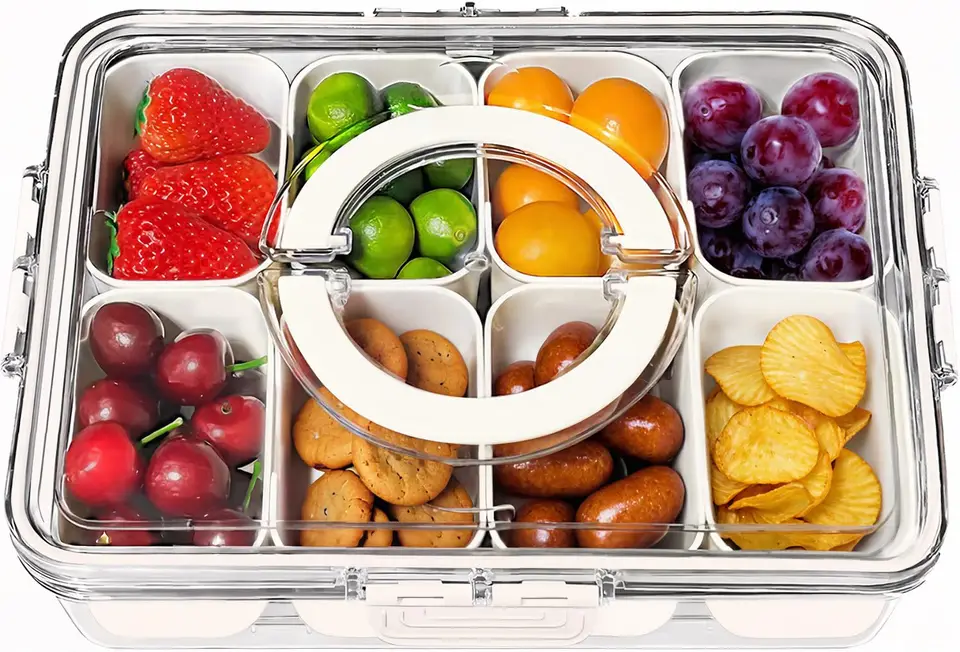 Divided Snackle Box - 8 Compartment Portable Serving Tray With Lid For Fruits, Nuts, Party Travel