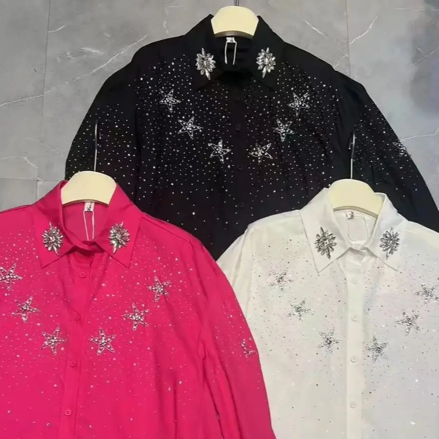 

Роскошные хлопковые блузки с блестками и вышивкой со стразами, женские рубашки, новинка весны 2024, модные топы с длинным рукавом, женские рубашки