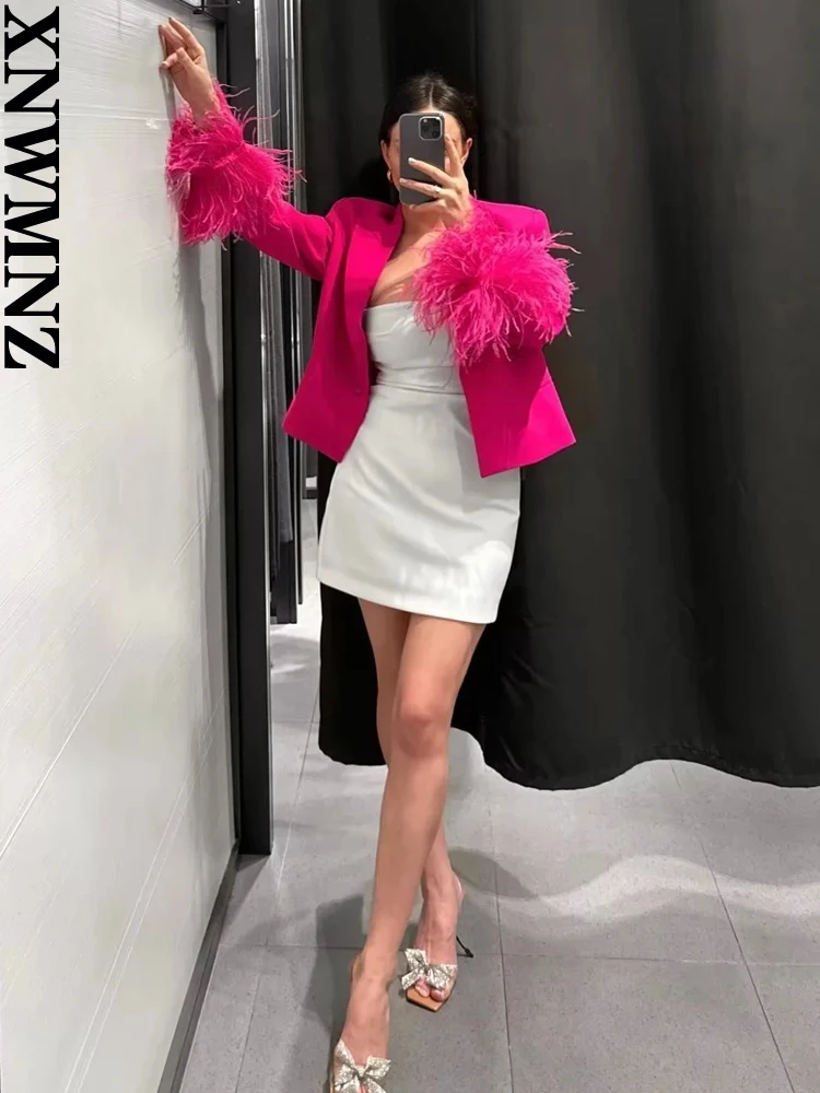 

XNWMNZ женский модный 2023 осенний укороченный блейзер с перьями Женский Ретро лацкан с длинным рукавом Универсальный женский шикарный пиджак пальто