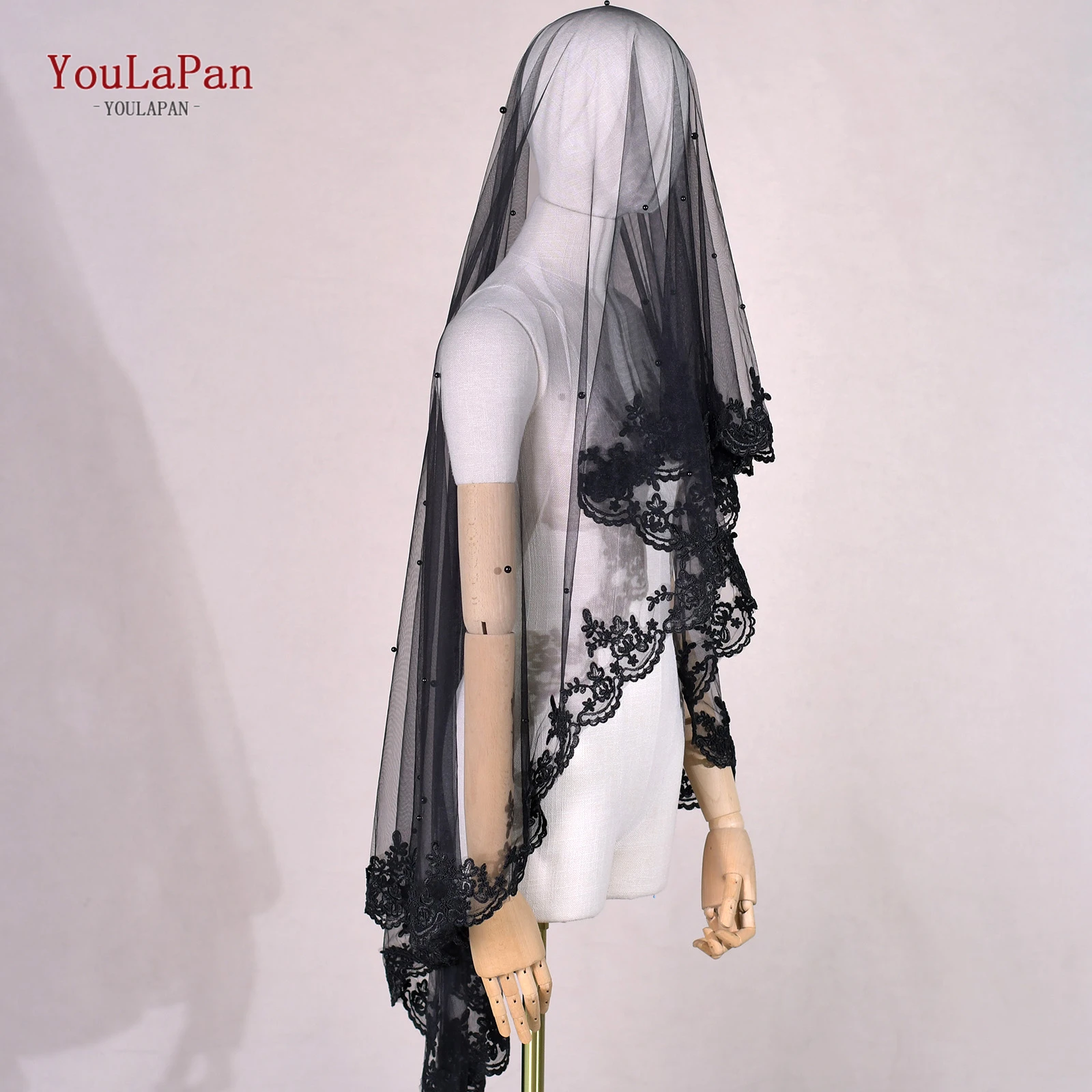 YouLaPan V65B Black Wedding Veils Pearl Lace Edge Bridal 2 Tier Soft Drop Spanish Mantilla Style Romantic Wedding Accessories