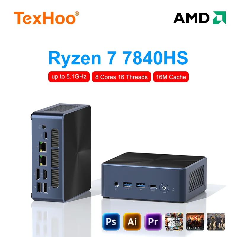Мини-ПК TexHoo игровой AMD Ryzen7 7840HS карманный двойной HDMI LAN WIFI6 Windows 11 Pro NUC Office DDR5 NVMe четыре дисплея