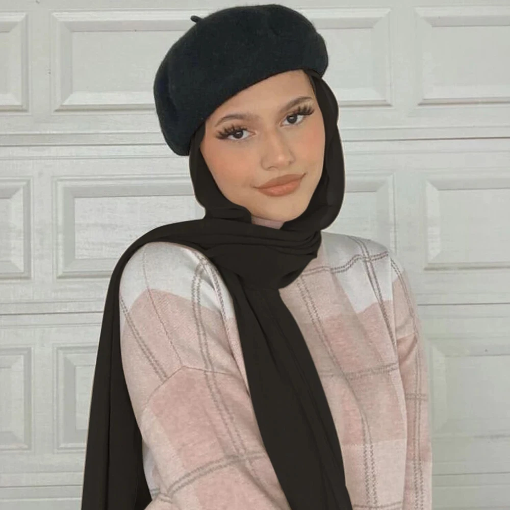 Musilm 여성 인스턴트 쉬폰 HIjabs 베레모 모자 프랑스 스타일 모자 쉬폰 Hijab Baret 플랫 모자 쉬폰 Hijabs