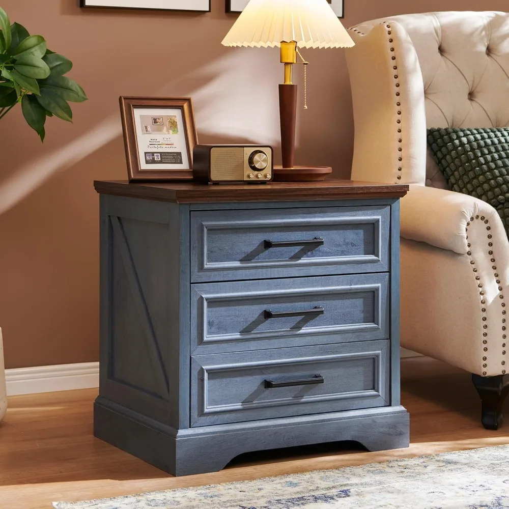 Farmhouse Nightstand with Charging Station, 24 Inch Wide End Table with 3 Large Drawers & Bar Handles, Rustic Wood Small Dresser 2