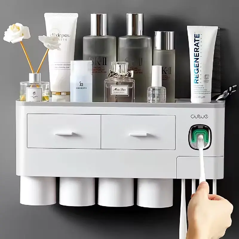 MENGNI Magnetic Adsorption Inverted Toothbrush Holder Wall Automatic Toothpaste Squeezer Storage Rack-Bathroom Accessory