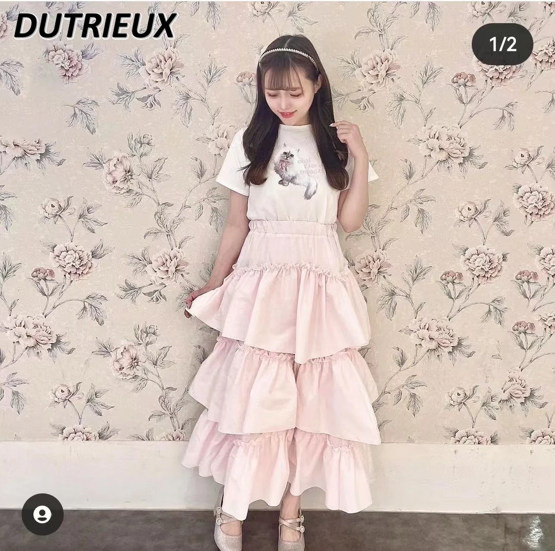 

Japanese Style Lolita Skirt for Women 2024 Summer New Layered Fairy Ruffled Pleated Skirts Female Sweet Pink Long Skirt Faldas