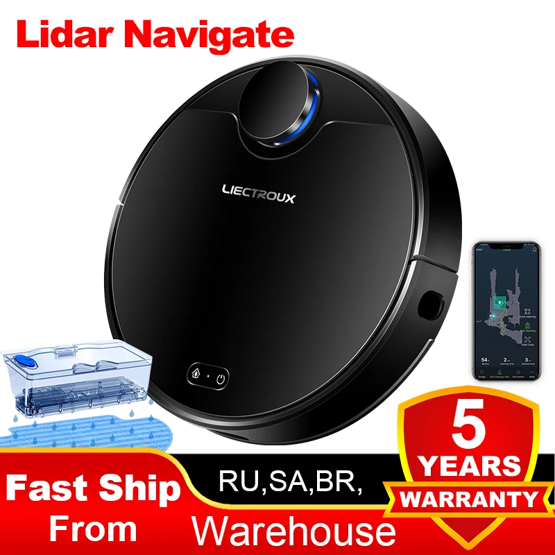 Liectroux ZK901 라이더 로봇 진공 청소기, 레이저 내비게이션 및 매핑, 6500Pa 흡입, 음성 및 WiFi 앱 제어, 이동 금지 구역, 선택적 방 청소, 중단 점 재개 가능한 청소, 습식 걸레질