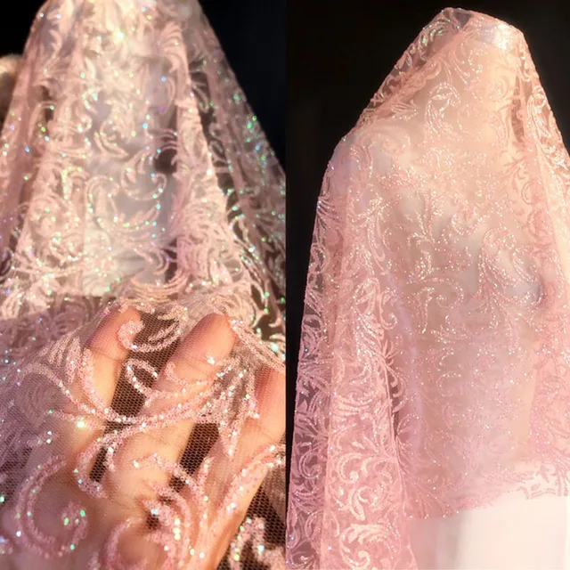 Pink Glitter Sequin Gauze Material High-Quality Patterned Gold Stamping Fabric For Evening Dress performance Fabric Diy Sewing