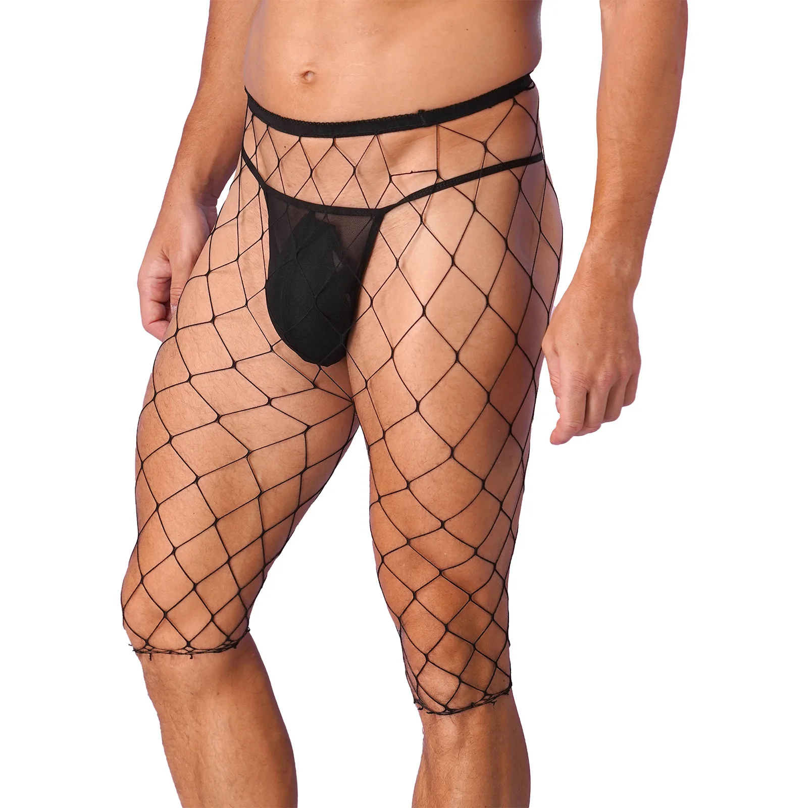 Mens Fishnet Mesh Shorts See Through High Waisted Knee Length High Stretchy Legging Half Pants Pool Party Nightclub