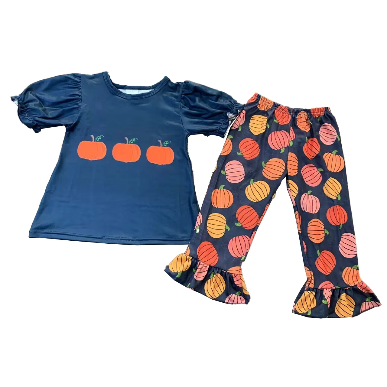 

Хэллоуин новый стиль Дизайнерская одежда для девочек пузырьковый топ с коротким рукавом + расклешенные брюки узор тыквы молочная шелковая ткань