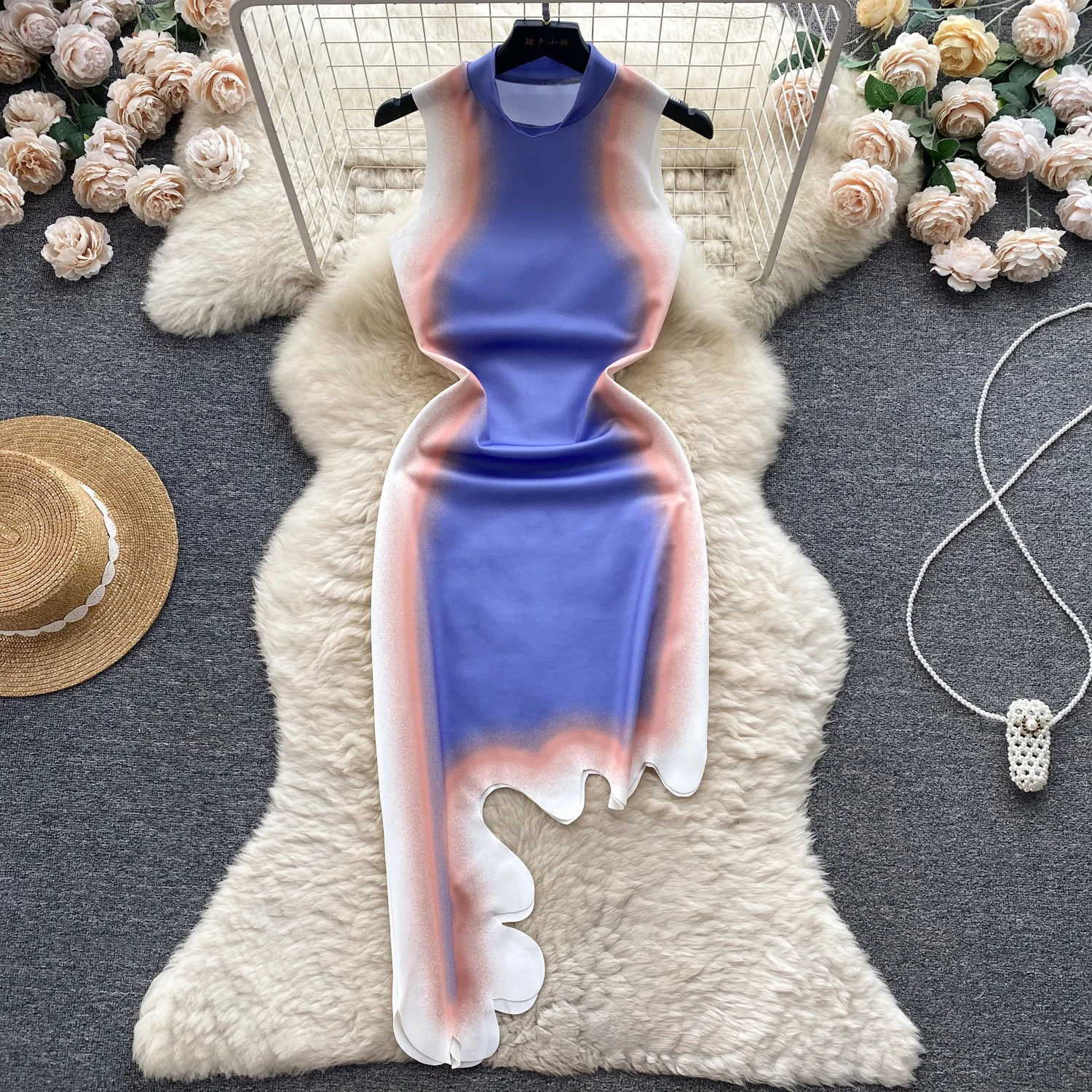 

New Hot Women Summer Dress 2023 Color Match Printed Stand Collar Sleeveless Slim Fit Sexy Bodycon Irregular Hem Club Party Dress