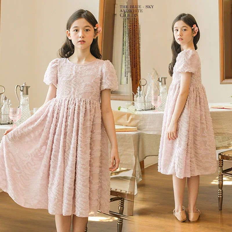 Jacquard Dress for Girls Summer Short Sleeve Fashion Pink