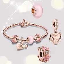 

2021 New Style 925 Silver Rose Gold Love You Infinite Heart Pendant Bracelet Set, Original Fashion Lady Diy Charm Jewelry Gift
