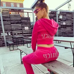 Y2K 2 Piece Outfits Woman Velour Velvet Crop Top Hoodie High Waist Pants Tracksuit For Jogging Workout Clothing Set For Women