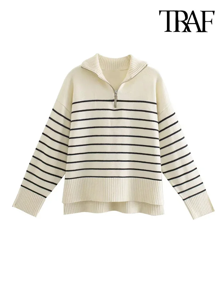 TRAF-Women-Fashion-Loose-Striped-Asymmetry-Knitted-Sweaters-Vintage ...