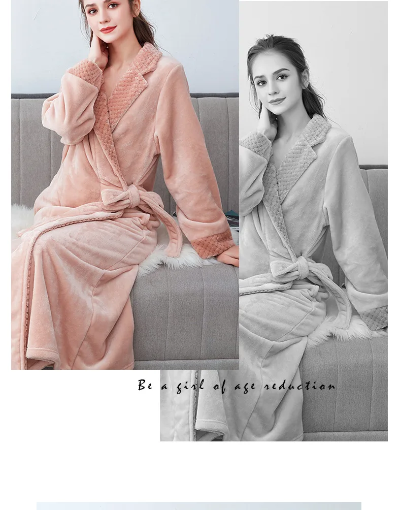 Herren Plüsch-Flanell Bademantel Fleece Kimono-Stil Langer Bademantel mit Waffelbesatz-Kragen und Bindegürtel Gemütliche Lounge-Schlafbekleidung Winter-Robe – Detail 10