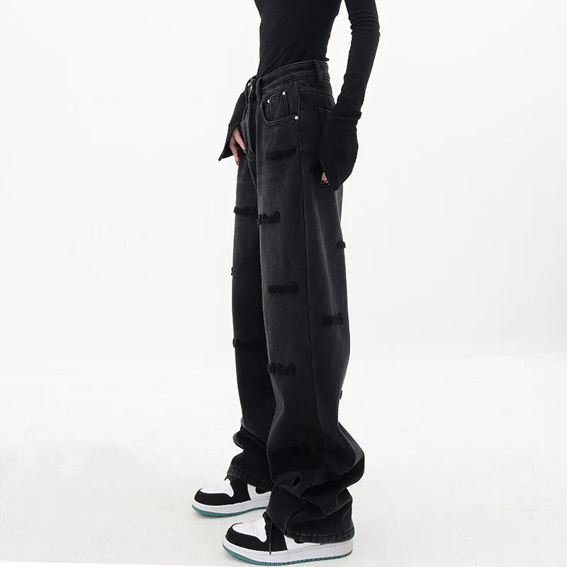 Autumn Y2K Vintage Mopping Baggy Jeans Women Streetwear High Waist Loose Wide Leg Straight Retro Moustache Effect Denim Trousers