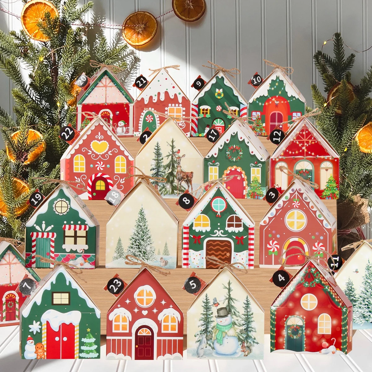 12 Sacchetti Regalo Di Natale Con Manico - Motivi Albero E Renna, In Carta Kraft, 21x11x17 Cm - 4