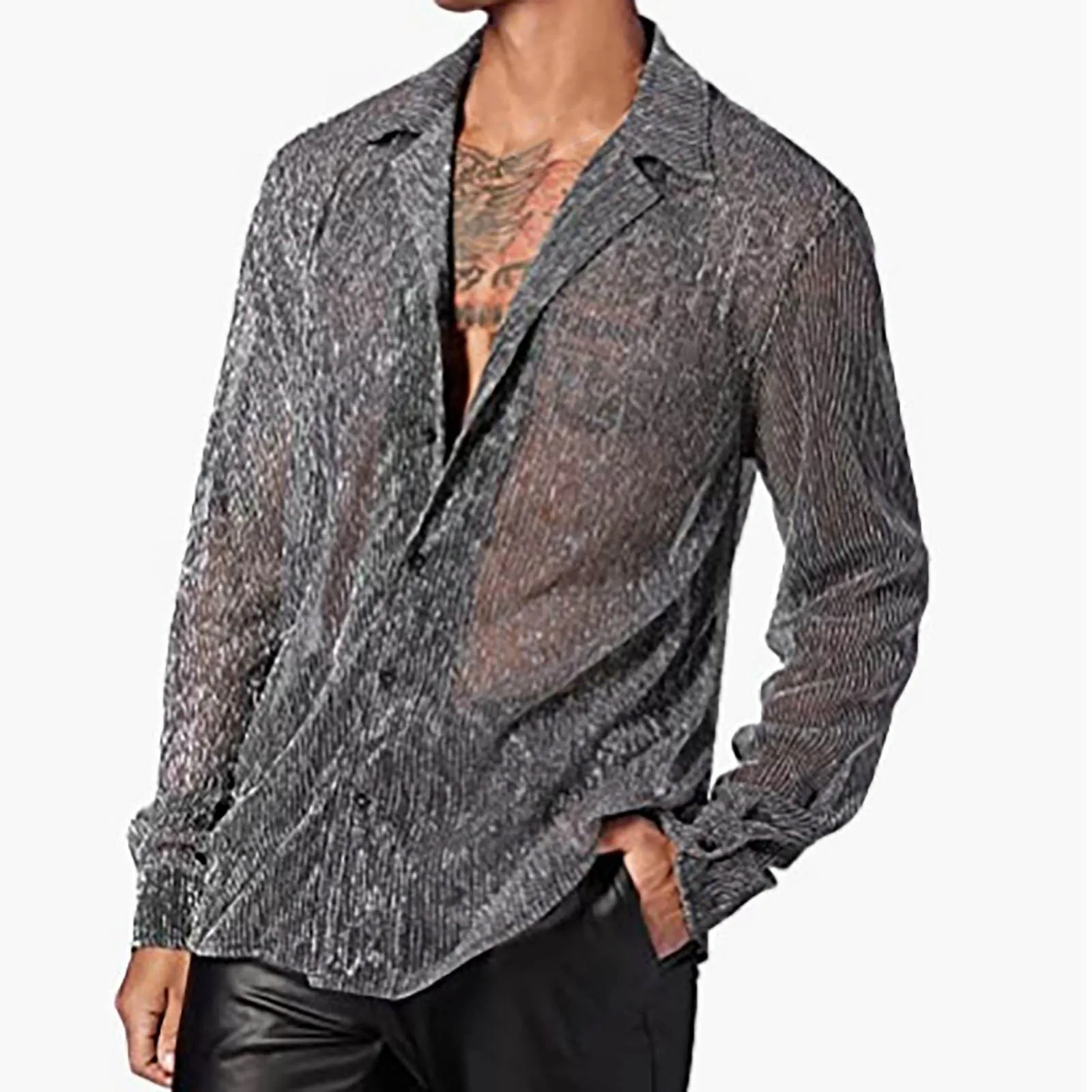 

Men'S Perspective Shirt Fashion Spring And Summer Casual Long Sleeved Lapel Nightclub Breathable Shirt Top Men'S Oversize Tunic