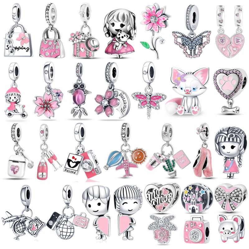 

Шармы-бусины розового цвета Plata Of Ley 925 Forever Family, милая кошка, самолет, Шарм подходит для браслета Пандоры, ожерелье «сделай сам», женские Украшения