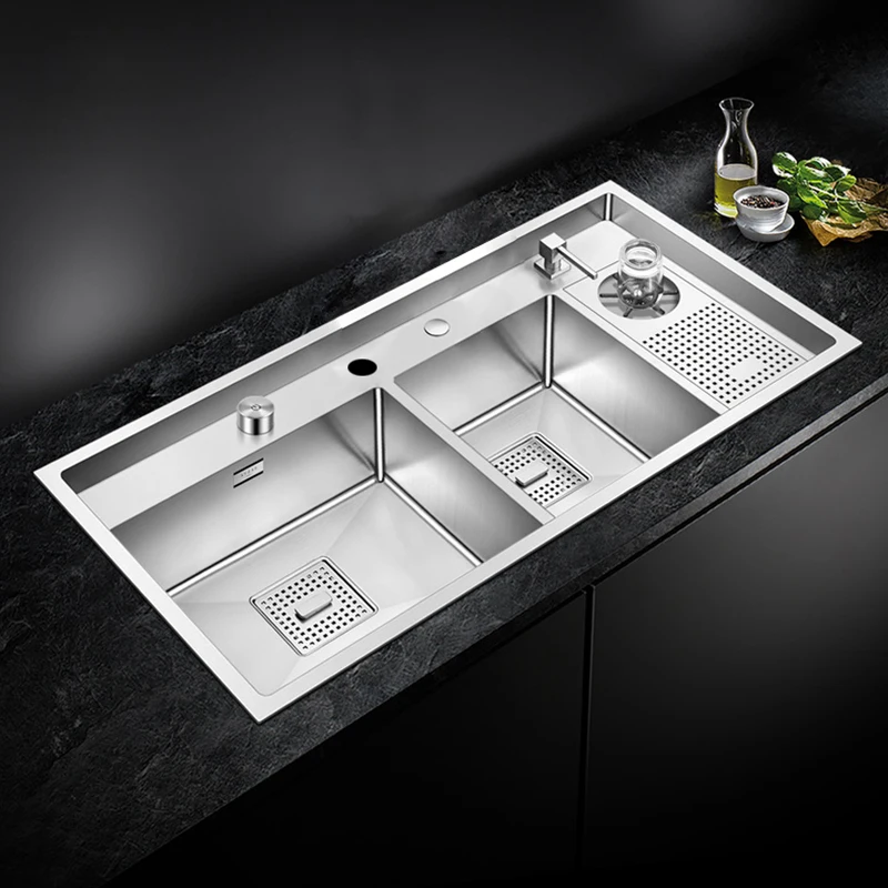 ASRAS Kitchen Double Sink Handmade Brushed 4mm Thickness Large Size 4 Holes Double Kitchen Sink With Cup Rinser Sinks